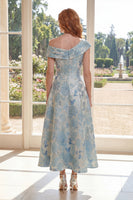 Laden Sie das Bild in den Galerie-Viewer, Ein Jacquard-blaues Midi-Kleid mit einer Schulter Mutter der Braut