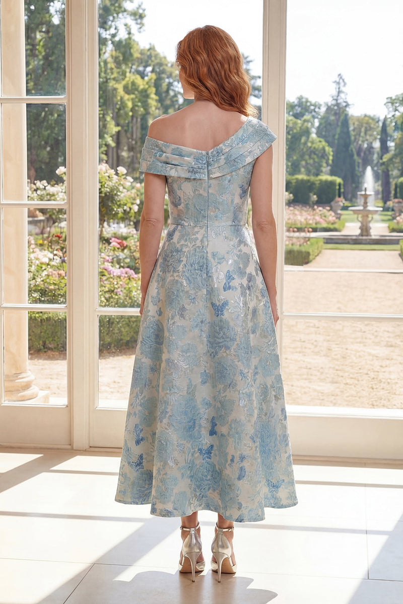 Laden Sie das Bild in den Galerie-Viewer, Ein Jacquard-blaues Midi-Kleid mit einer Schulter Mutter der Braut