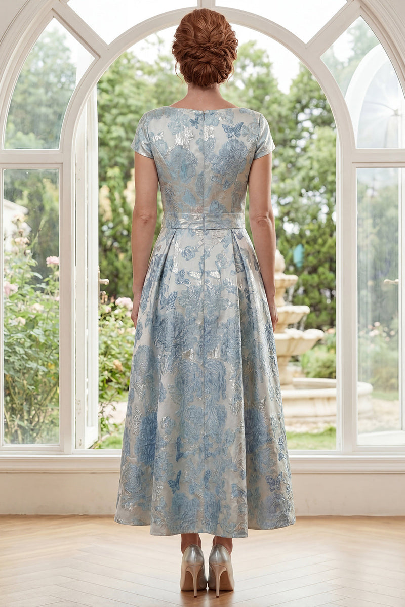 Laden Sie das Bild in den Galerie-Viewer, A-Linie Jacquardblauer Bateau-Ausschnitt Langes Mutter-der-der-Braut-Kleid mit Schleife