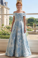 Laden Sie das Bild in den Galerie-Viewer, Off-the-shoulder A-Linie Jacquardblau Langes Mutter-der-Braut-Kleid