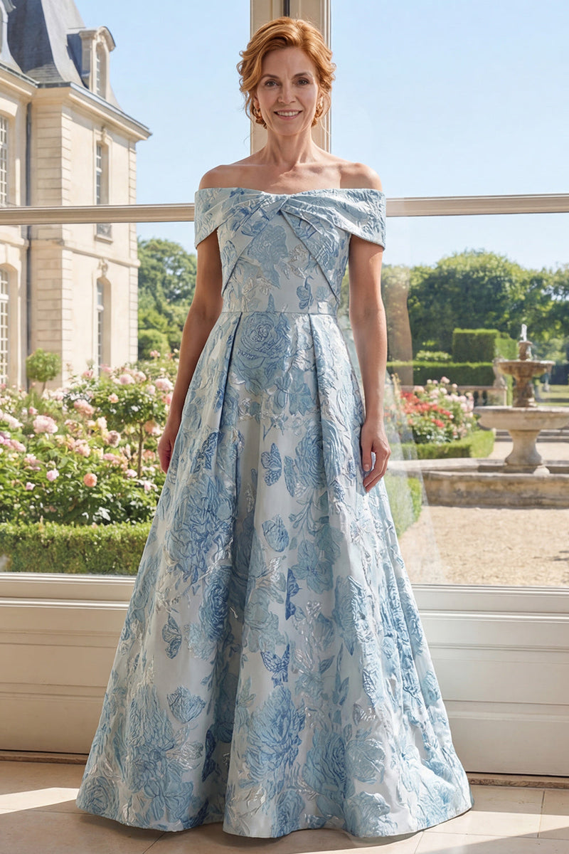 Laden Sie das Bild in den Galerie-Viewer, Off-the-shoulder A-Linie Jacquardblau Langes Mutter-der-Braut-Kleid