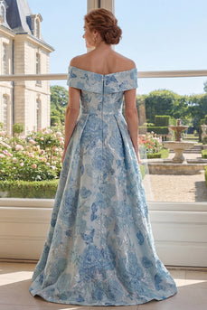 Off-the-shoulder A-Linie Jacquardblau Langes Mutter-der-Braut-Kleid