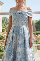 Laden Sie das Bild in den Galerie-Viewer, Off-the-shoulder A-Linie Jacquardblau Langes Mutter-der-Braut-Kleid