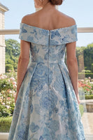 Laden Sie das Bild in den Galerie-Viewer, Off-the-shoulder A-Linie Jacquardblau Langes Mutter-der-Braut-Kleid