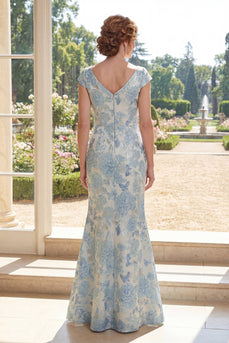 Blauer Meerjungfrauen-V-Ausschnitt Jacquard mit Raffen, langes Mutter-der-Braut-Kleid