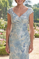 Laden Sie das Bild in den Galerie-Viewer, Blauer Meerjungfrauen-V-Ausschnitt Jacquard mit Raffen, langes Mutter-der-Braut-Kleid