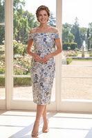 Laden Sie das Bild in den Galerie-Viewer, Staubiges blaues Off-the-shoulder Bodycon Jacquard Midi Mutter der Braut Kleid