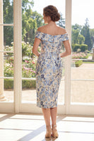 Laden Sie das Bild in den Galerie-Viewer, Staubiges blaues Off-the-shoulder Bodycon Jacquard Midi Mutter der Braut Kleid