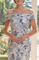 Laden Sie das Bild in den Galerie-Viewer, Staubiges blaues Off-the-shoulder Bodycon Jacquard Midi Mutter der Braut Kleid