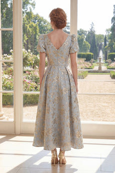 A-Linie staubiges blaues V-Ausschnitt Jacquard Long Mother Of the Bride Kleid mit Puffärmeln