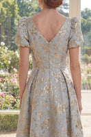 Laden Sie das Bild in den Galerie-Viewer, A-Linie staubiges blaues V-Ausschnitt Jacquard Long Mother Of the Bride Kleid mit Puffärmeln