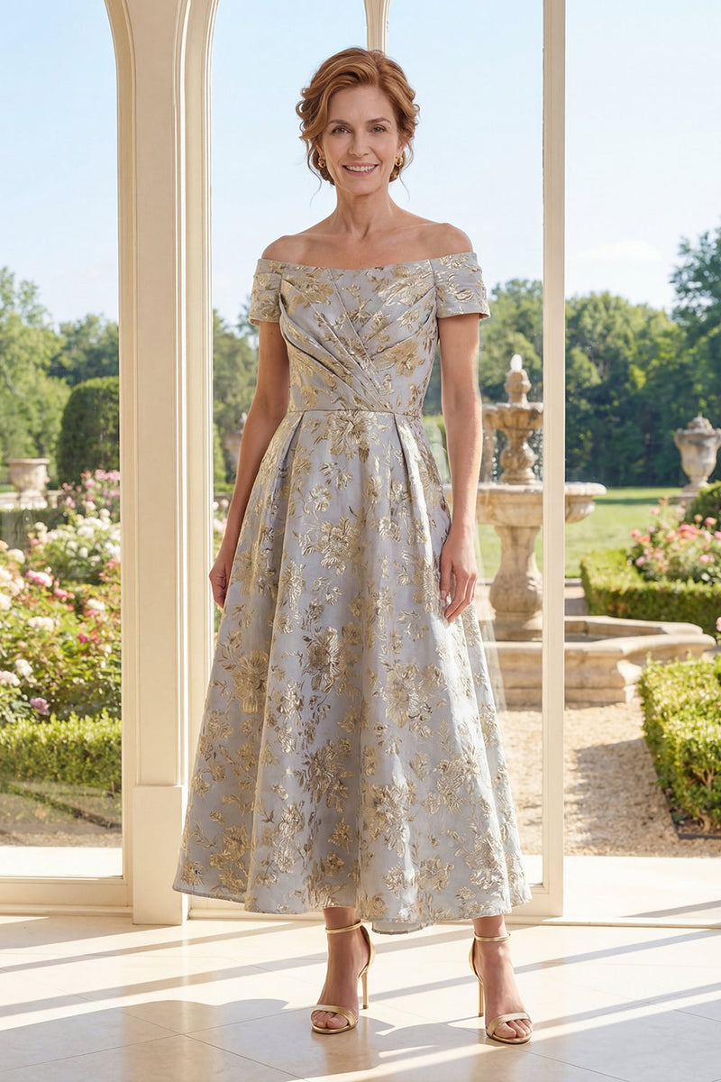 Laden Sie das Bild in den Galerie-Viewer, A-Linie staubiges blaues Schulter-Jacquard gerafftes langes Mutter-der-Braut-Kleid