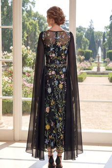 Tüll-Schwarzes, A-Linien-besticktes langes Mutter-der-der-Braut-Kleid mit Umhangärmeln