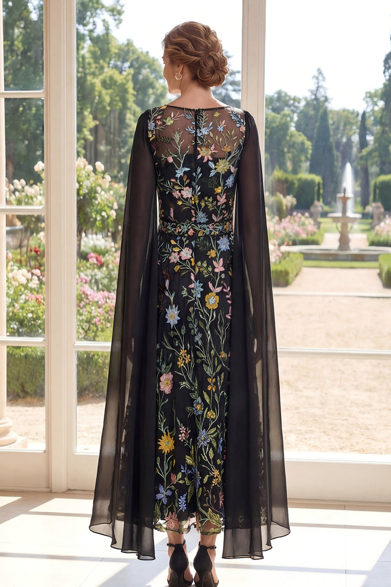 Laden Sie das Bild in den Galerie-Viewer, Tüll-Schwarzes, A-Linien-besticktes langes Mutter-der-der-Braut-Kleid mit Umhangärmeln