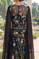 Laden Sie das Bild in den Galerie-Viewer, Tüll-Schwarzes, A-Linien-besticktes langes Mutter-der-der-Braut-Kleid mit Umhangärmeln