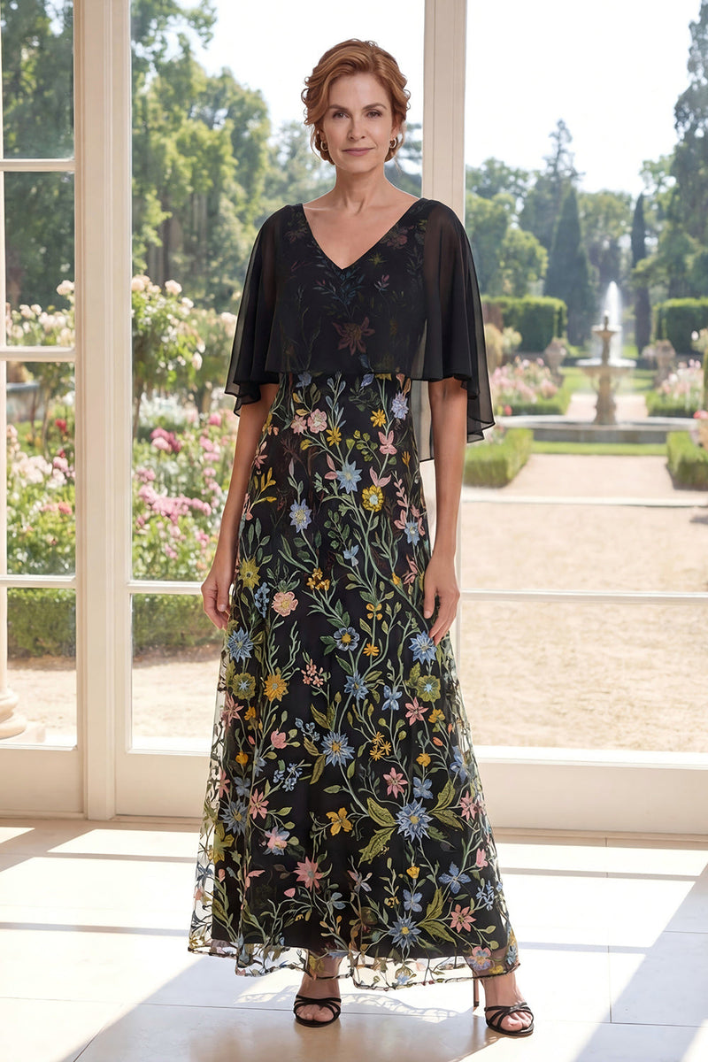 Laden Sie das Bild in den Galerie-Viewer, A-Linie Tüll, schwarz besticktes langes Mutter-der-der-Braut-Kleid mit flatternden Ärmeln