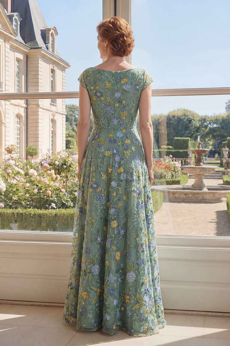 Laden Sie das Bild in den Galerie-Viewer, Grünes A-Linien-Tüll-Stickerei mit V-Ausschnitt langes Mutter-der-Braut-Kleid