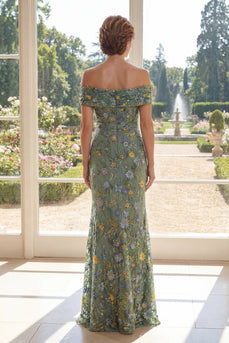 Schulterloses grünes Meerjungfrauen-Tüll-Kleid der Mutter der Braut