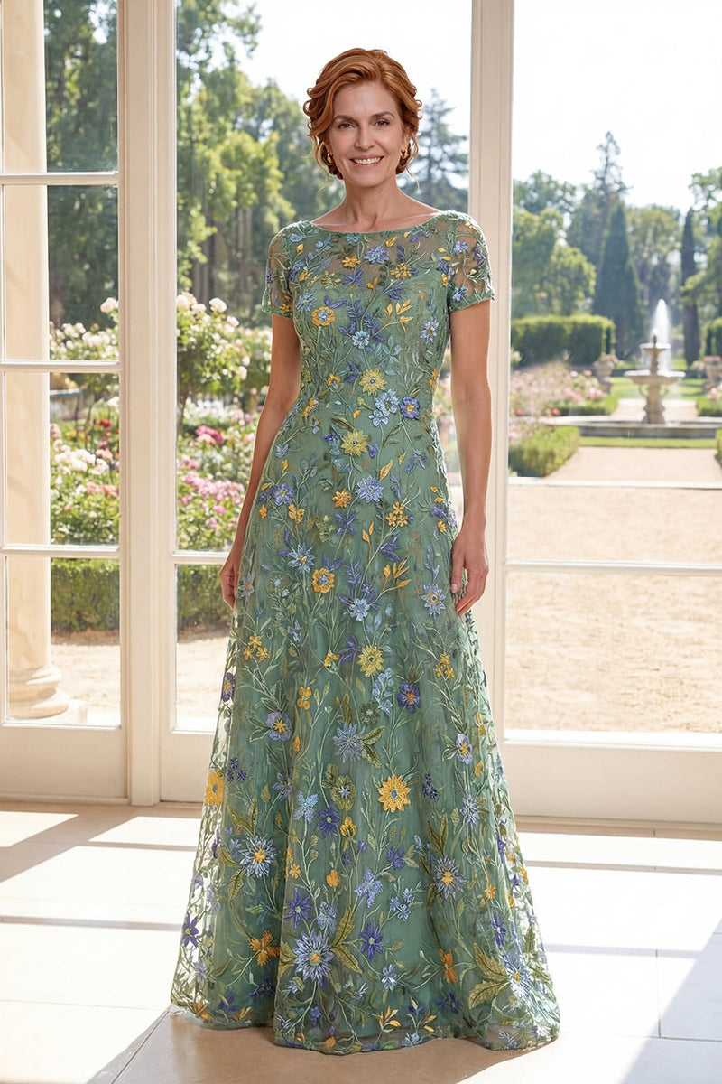 Laden Sie das Bild in den Galerie-Viewer, A-Linie grüner Tüll-Bateau-Hals mit stickendem Mutter-der-Braut-Kleid