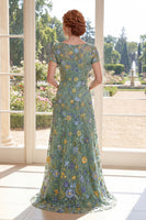 Laden Sie das Bild in den Galerie-Viewer, A-Linie grüner Tüll-Bateau-Hals mit stickendem Mutter-der-Braut-Kleid