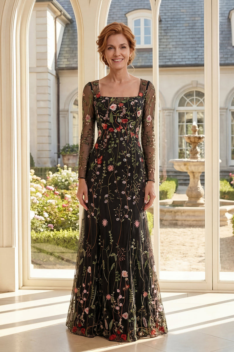 Laden Sie das Bild in den Galerie-Viewer, Schwarzes, A-Linien-Tüll-Quadrathals besticktes Mutter-der-Braut-Kleid