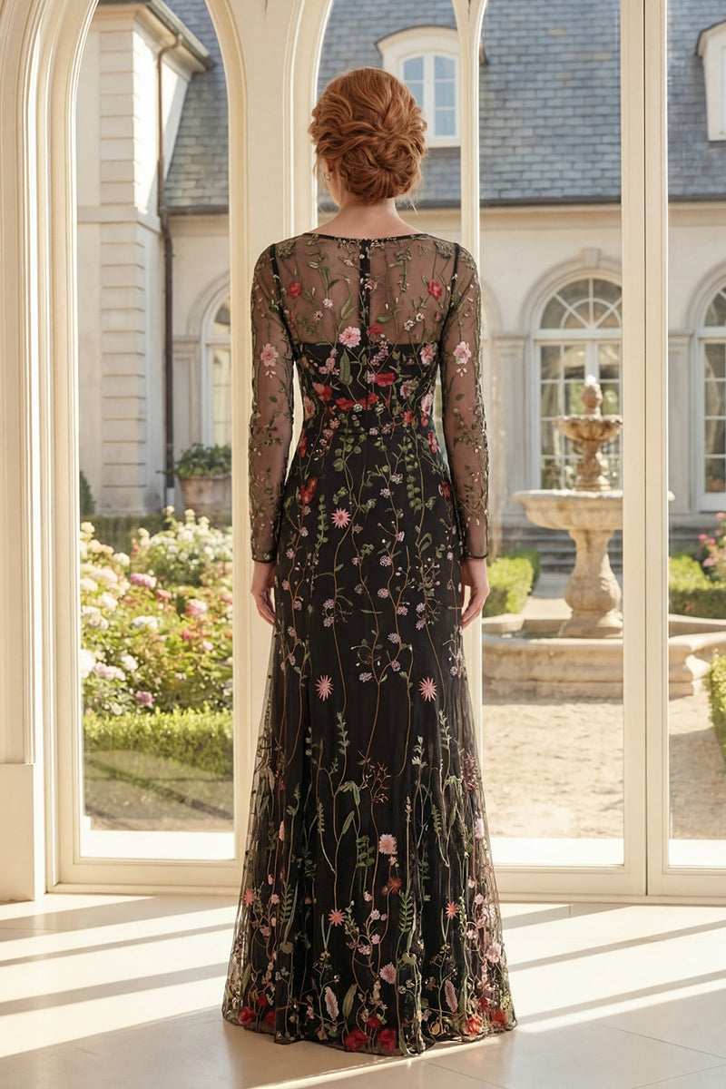 Laden Sie das Bild in den Galerie-Viewer, Schwarzes, A-Linien-Tüll-Quadrathals besticktes Mutter-der-Braut-Kleid