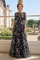 Laden Sie das Bild in den Galerie-Viewer, A-Linie schwarzer Tüll-Bateau-Ausschnitt Pailletten Mutter der Braut Kleid
