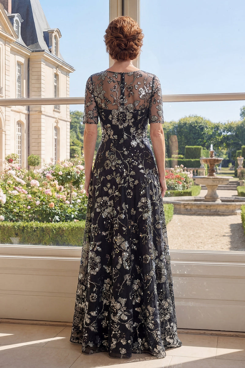 Laden Sie das Bild in den Galerie-Viewer, A-Linie schwarzer Tüll-Bateau-Ausschnitt Pailletten Mutter der Braut Kleid