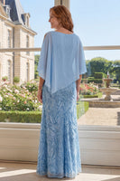 Laden Sie das Bild in den Galerie-Viewer, Hellblaue Pailletten, lange Mutter-der-der-Braut-Kleid mit Umhang