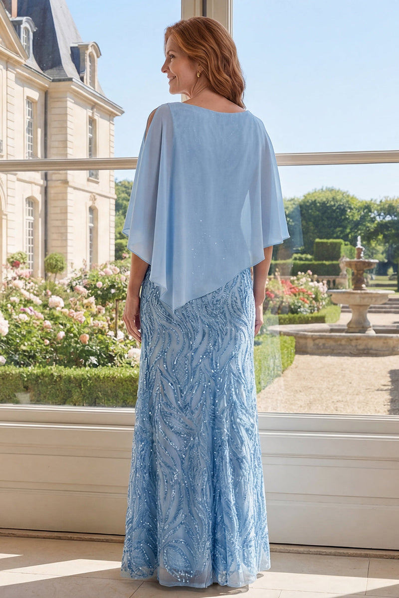 Laden Sie das Bild in den Galerie-Viewer, Hellblaue Pailletten, lange Mutter-der-der-Braut-Kleid mit Umhang