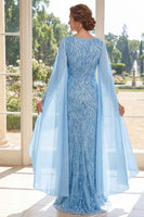 Laden Sie das Bild in den Galerie-Viewer, V-Ausschnitt Hellblaue Pailletten Lange Mutter-der-der-Braut-Kleid mit Umhangärmeln