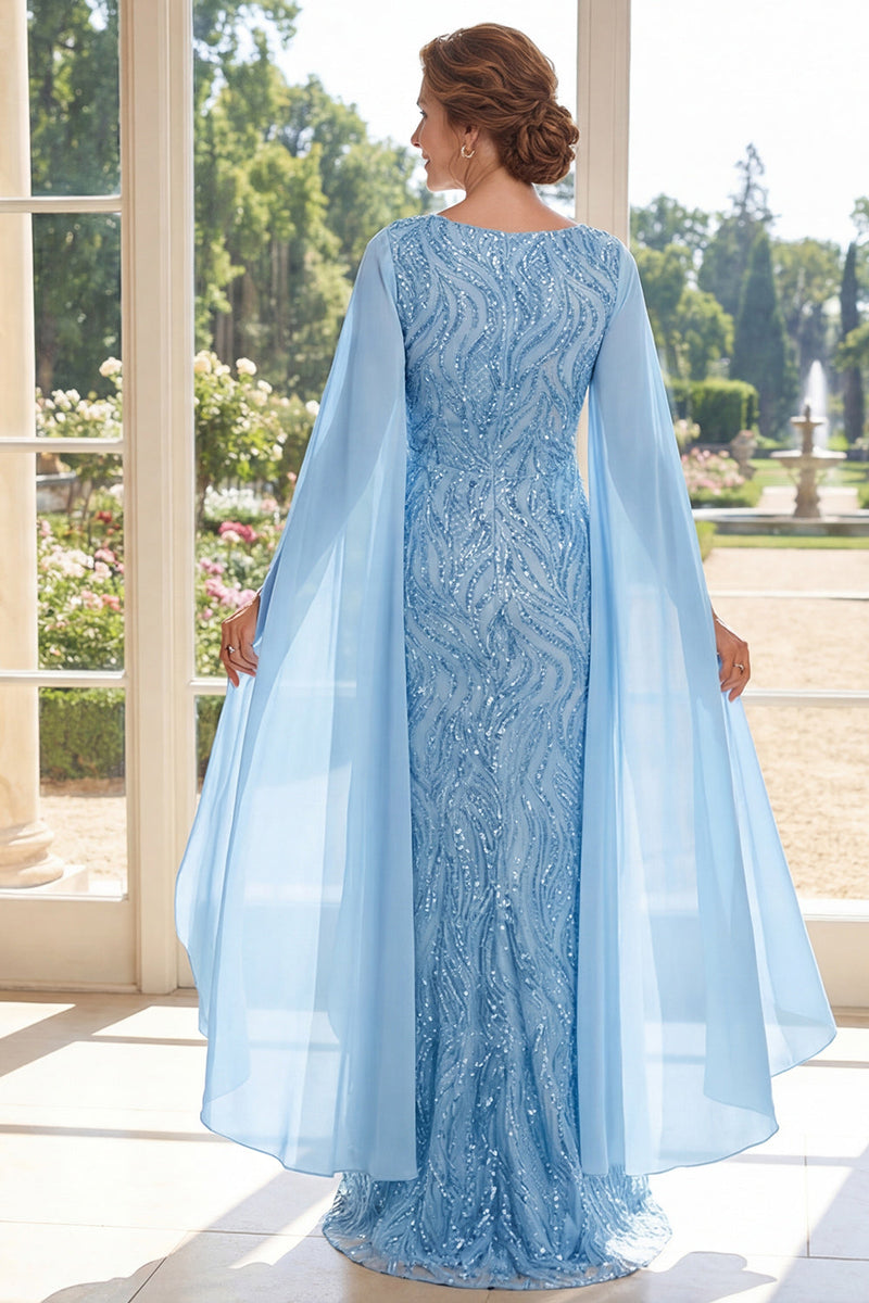 Laden Sie das Bild in den Galerie-Viewer, V-Ausschnitt Hellblaue Pailletten Lange Mutter-der-der-Braut-Kleid mit Umhangärmeln