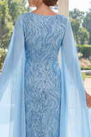 Laden Sie das Bild in den Galerie-Viewer, V-Ausschnitt Hellblaue Pailletten Lange Mutter-der-der-Braut-Kleid mit Umhangärmeln