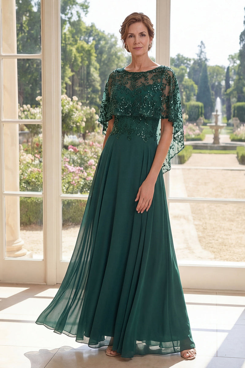 Laden Sie das Bild in den Galerie-Viewer, Tüll, dunkelgrünes A-Linien-Perlenkleid mit langem Mutter-der-der-Braut-Kleid und Umhang