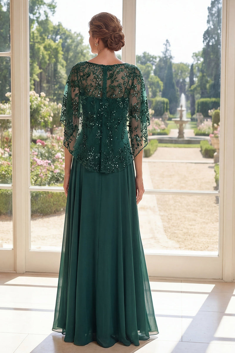Laden Sie das Bild in den Galerie-Viewer, Tüll, dunkelgrünes A-Linien-Perlenkleid mit langem Mutter-der-der-Braut-Kleid und Umhang