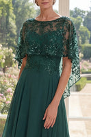 Laden Sie das Bild in den Galerie-Viewer, Tüll, dunkelgrünes A-Linien-Perlenkleid mit langem Mutter-der-der-Braut-Kleid und Umhang