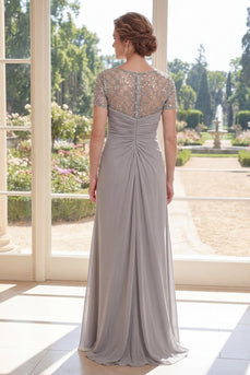 Graue Chiffon-Scheide mit Perlen, mit Zügel, lange Mutter der Braut, Kleid