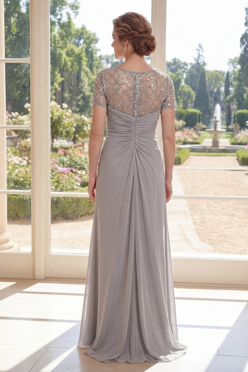 Laden Sie das Bild in den Galerie-Viewer, Graue Chiffon-Scheide mit Perlen, mit Zügel, lange Mutter der Braut, Kleid