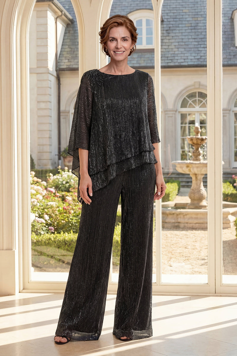 Laden Sie das Bild in den Galerie-Viewer, Schwarzes zweiteiliges asymmetrisches Mutter-der-der-Braut-Kleid mit halbärmeligen