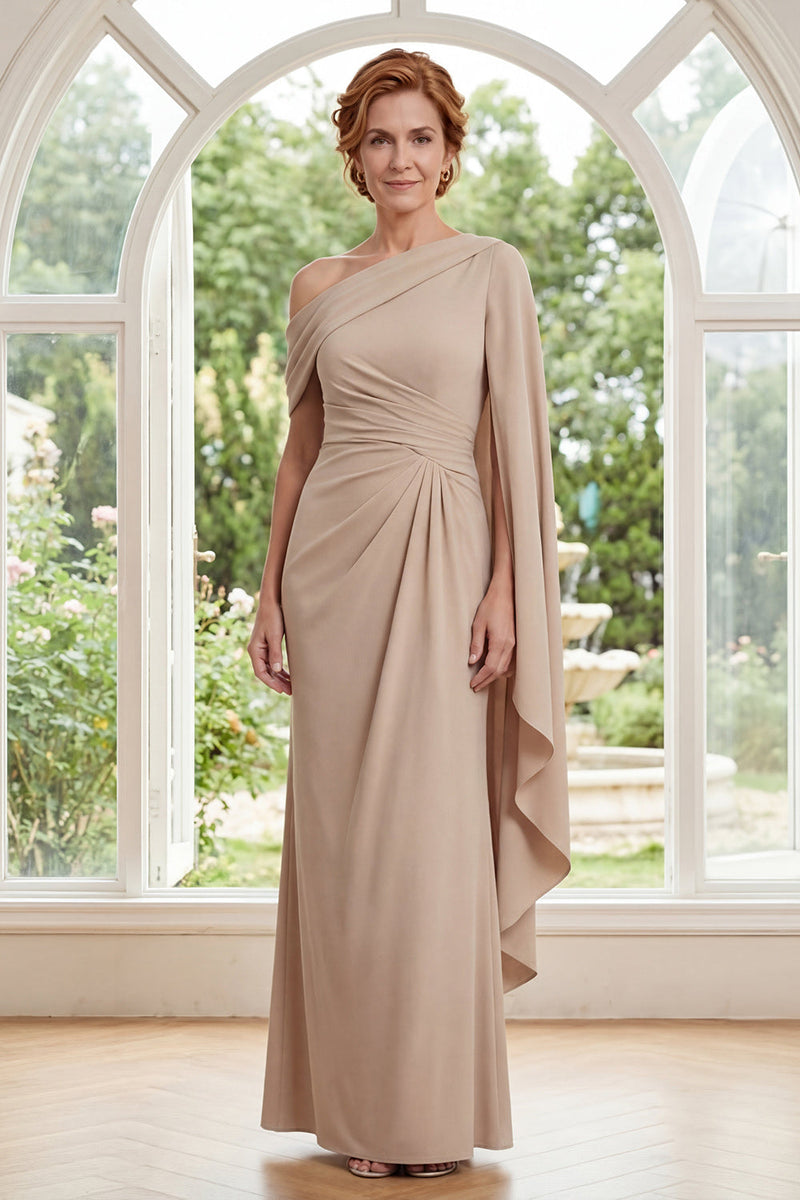 Laden Sie das Bild in den Galerie-Viewer, Champagner-Einschulter-Chiffon mit Raffen, lange Mutter der Braut mit Seitenumhang