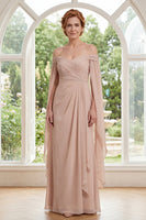 Laden Sie das Bild in den Galerie-Viewer, Chiffon-Champagner-Off-the-shoulder gerafftes Mutter-der-Braut-Kleid mit Umhangärmeln