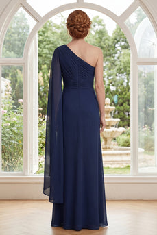 Chiffon Marineblau einschulter gerafftes Mutter-der-Braut-Kleid mit Cape-Ärmel