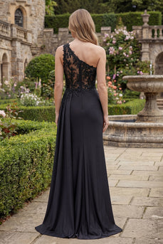 Schwarzes, einschulteriges Meerjungfrauen, gerafftes langes Abschlussballkleid mit Schlitz