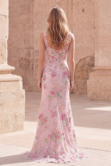 Pinkes Meerjungfrauen-Mehrjungfrauen-Langballkleid mit quadratischem Ausschnitt und Perlen