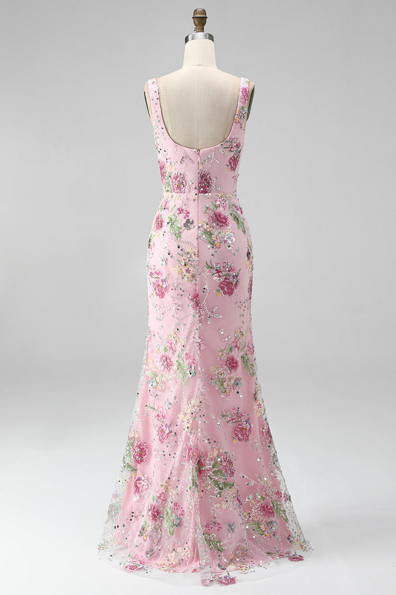 Laden Sie das Bild in den Galerie-Viewer, Rosa Meerjungfrauen Strass Langes Ballkleid mit quadratischem Ausschnitt