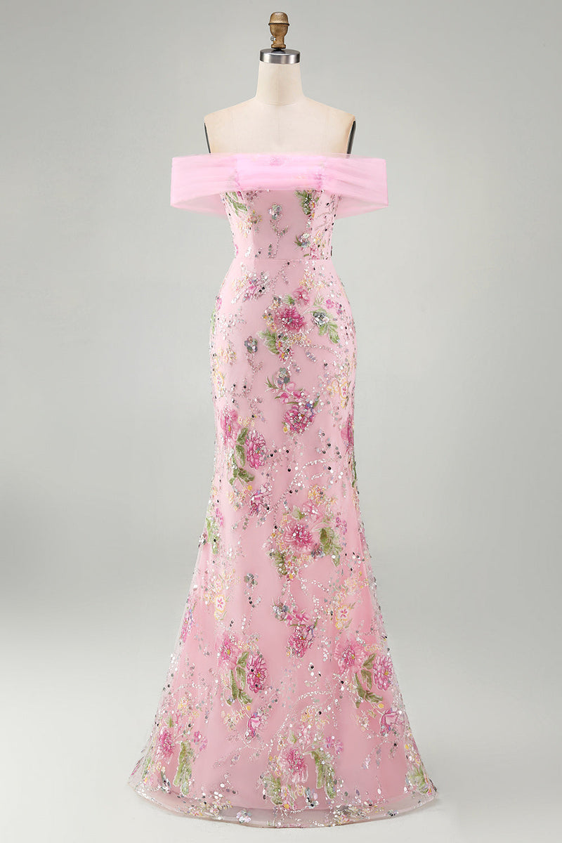 Laden Sie das Bild in den Galerie-Viewer, Schulterfreies, pinkes Meerjungfrauen-Langballkleid mit Perlen