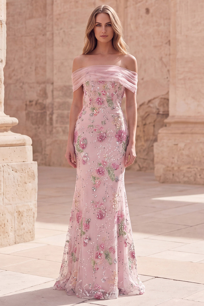 Laden Sie das Bild in den Galerie-Viewer, Schulterfreies, pinkes Meerjungfrauen-Langballkleid mit Perlen