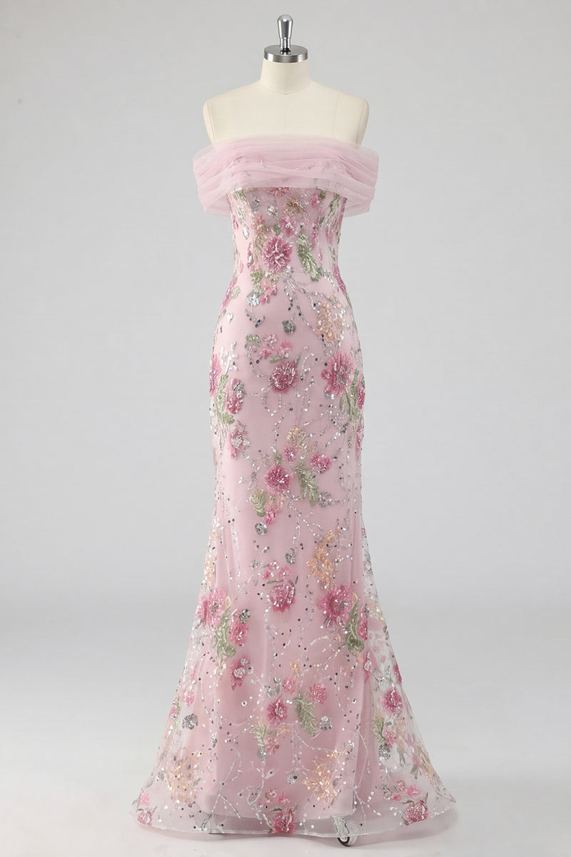 Laden Sie das Bild in den Galerie-Viewer, Schulterfreies, pinkes Meerjungfrauen-Langballkleid mit Perlen