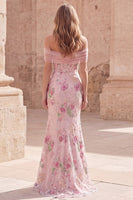 Laden Sie das Bild in den Galerie-Viewer, Schulterfreies, pinkes Meerjungfrauen-Langballkleid mit Perlen