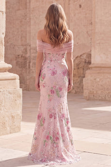 Schulterfreies, pinkes Meerjungfrauen-Langballkleid mit Perlen
